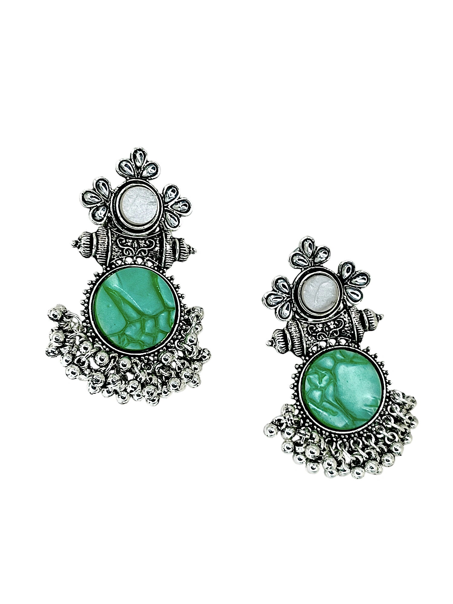Green Silver Oxidized Drop Earrings